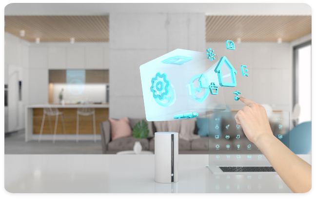 This image features a modern, minimalist living area and kitchen viewed through the lens of an interactive interface. A hand reaches out to touch a holographic display floating above a central hub, which projects icons for home security, temperature, and light settings. It highlights the concept of a "smart home" where household functions are centralized and controlled via an intuitive, touch-free UI.