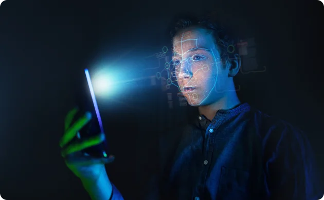 Biometric facial recognition technology on a mobile device for secure smart home access.