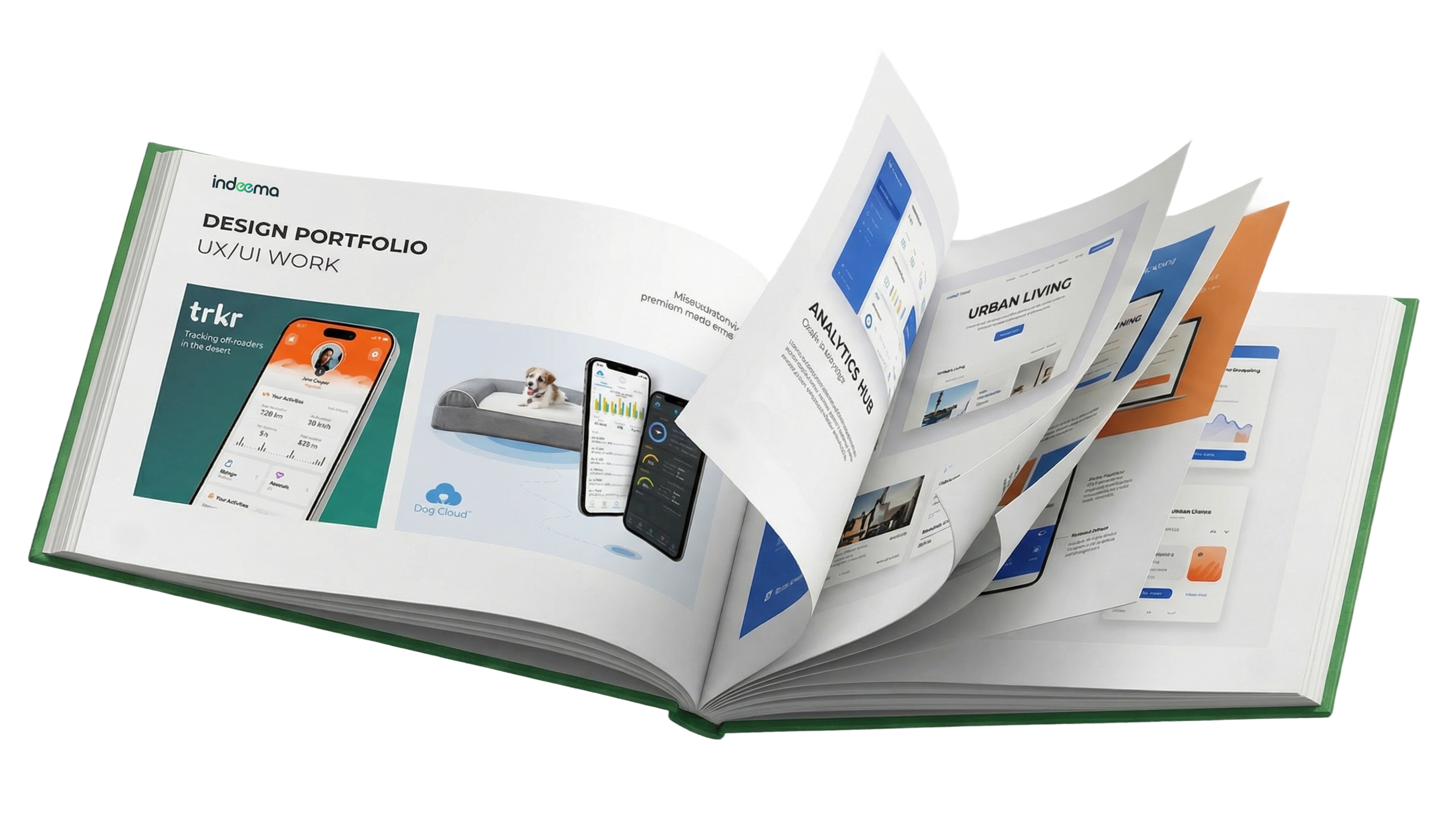 Indeema design portfolio — open book showing fanned-out project pages