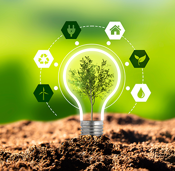 Light bulb with a tree inside surrounded by renewable energy icons