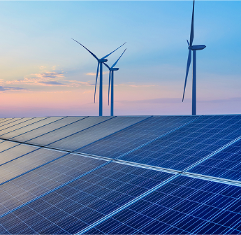 Solar panel field with wind turbines