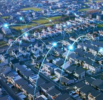 Aerial view of a connected neighbourhood with solar roofs