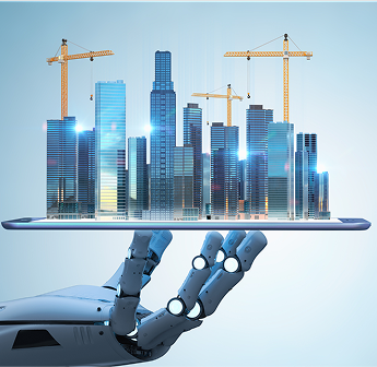 Robotic hand holding a tablet with a digital city under construction